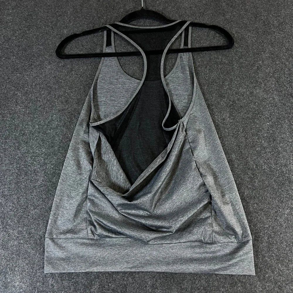 Alo Yoga Womens Gray Heathered Open Draped Mesh Back Racerback Tank Top